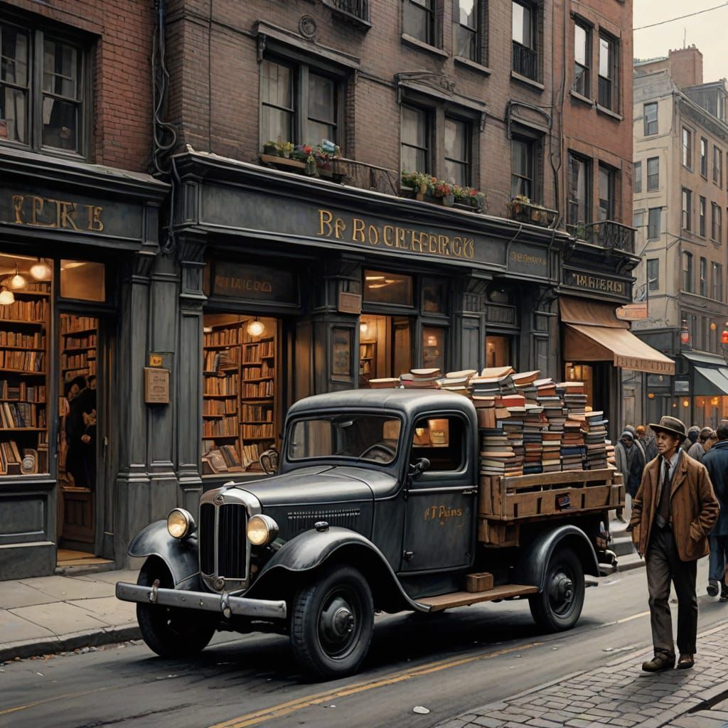 Vintage Truck Overflows with Free Books in Bustling City Sce...
