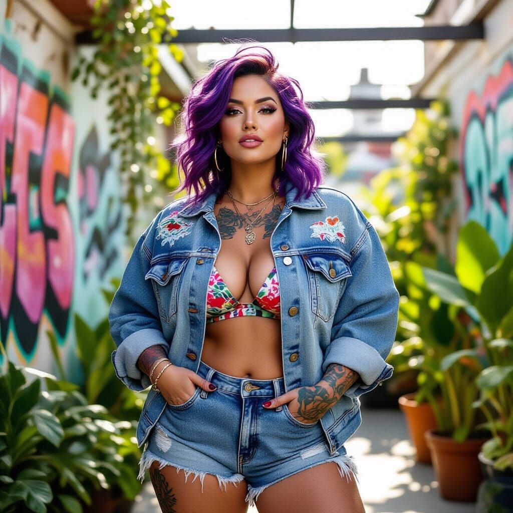 Plus-Sized Woman with Purple Hair in Urban Garden