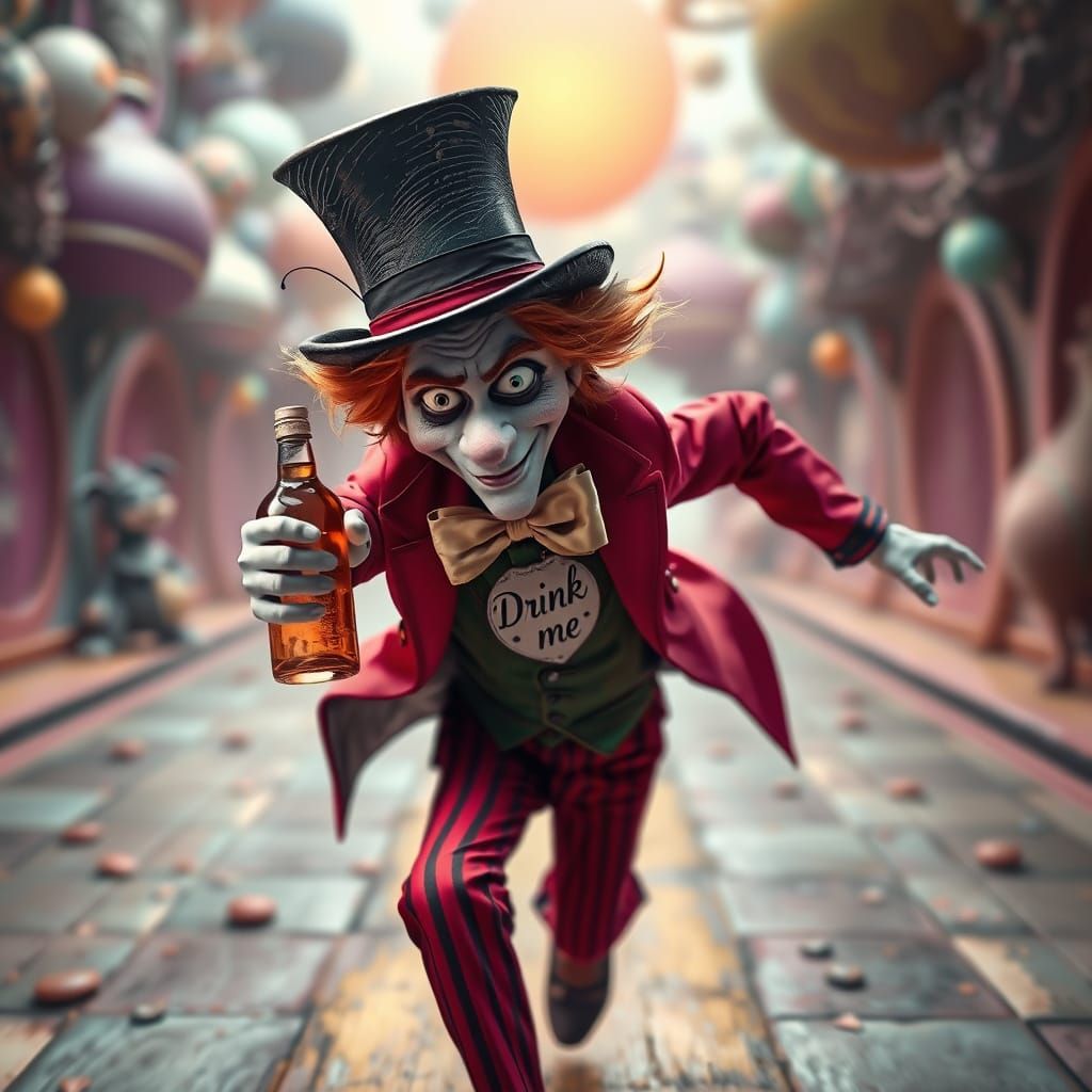 Mad Hatter's Frenzied Flight with Enchanted Bottle