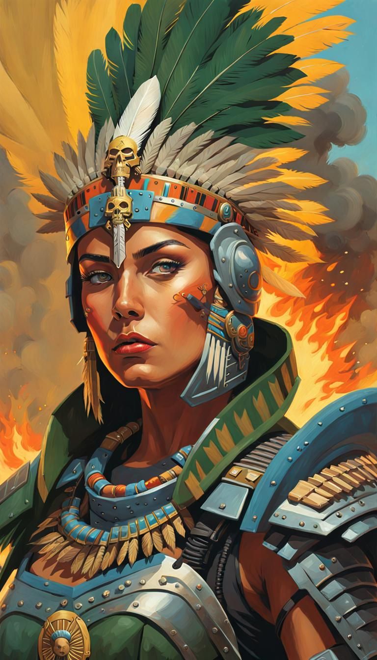 Aztec Warrior Woman with Flaming Sword in Fairycore Style