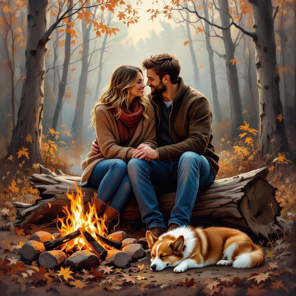 Romantic Bonfire Scene in Detailed Oil Painting