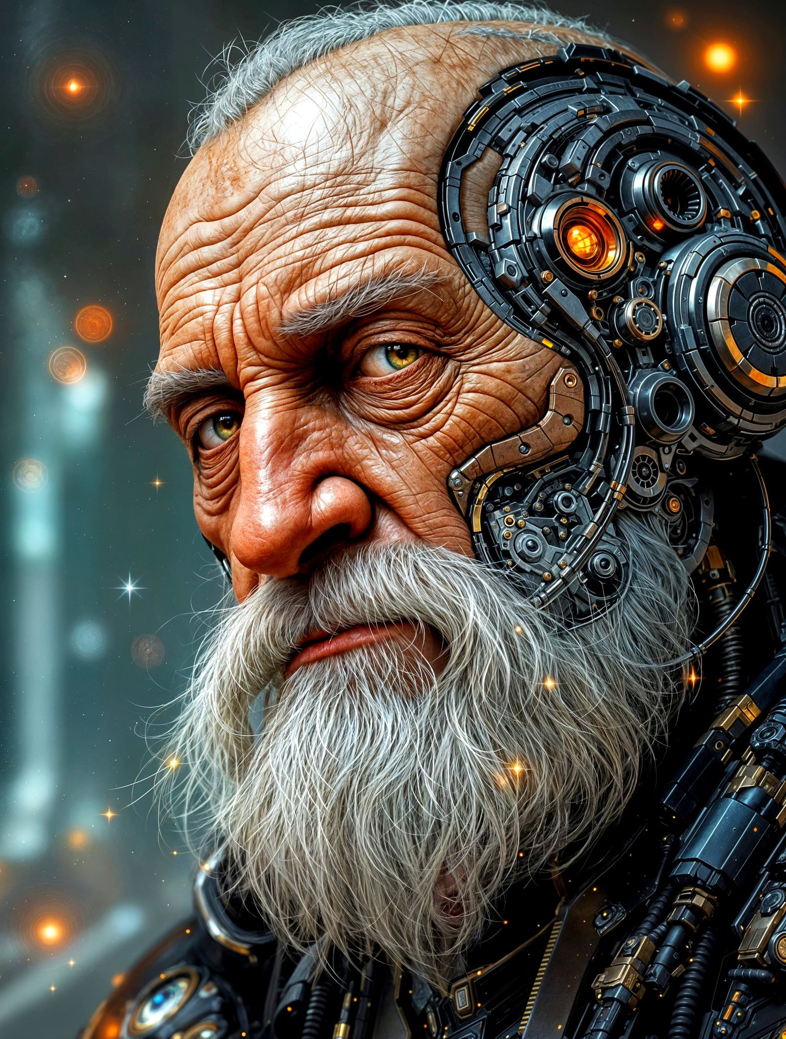 Wise Old Cyborg in Cyberpunk Style