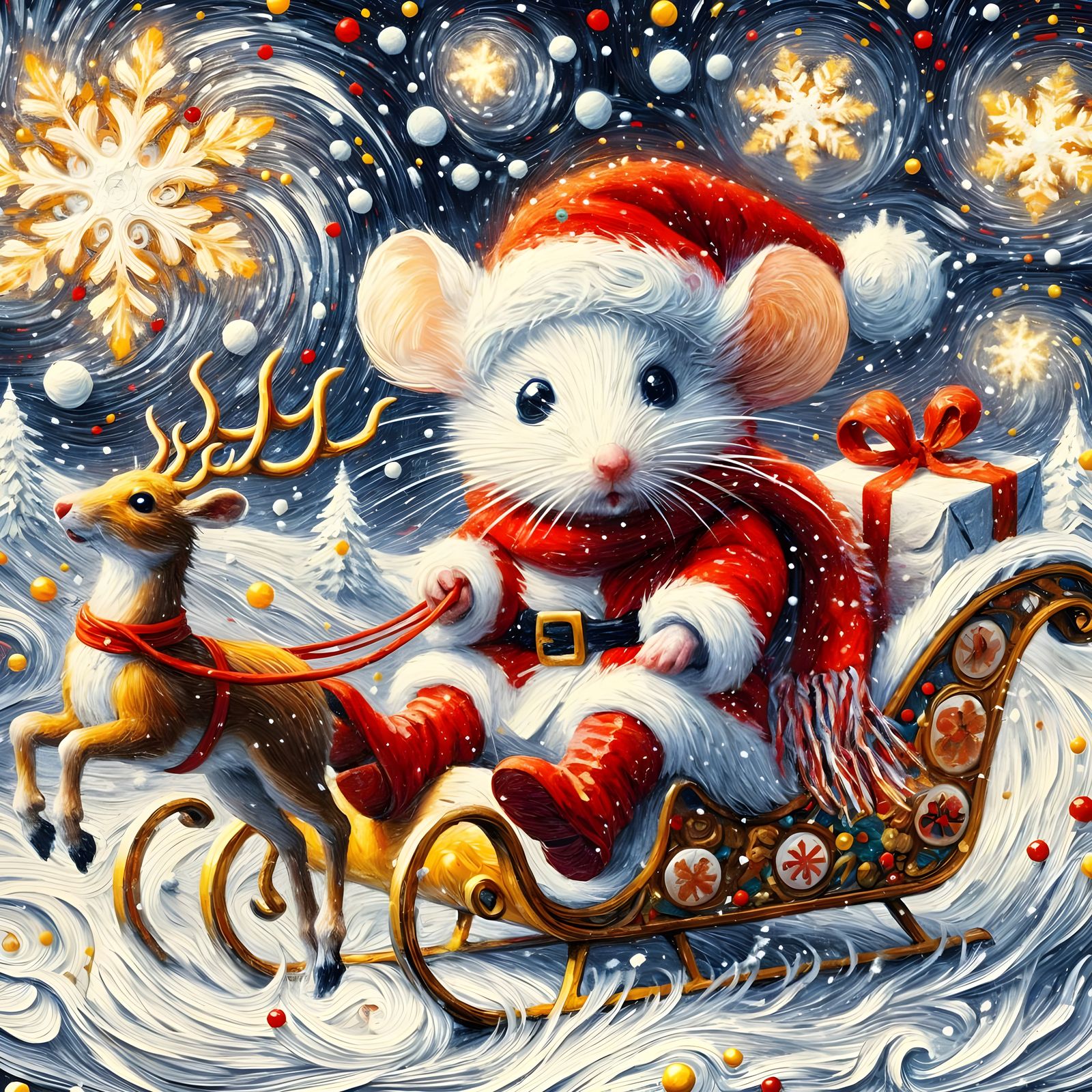 Miniature Santa Mouse on a Vibrant Winter Sleigh Ride in Imp...