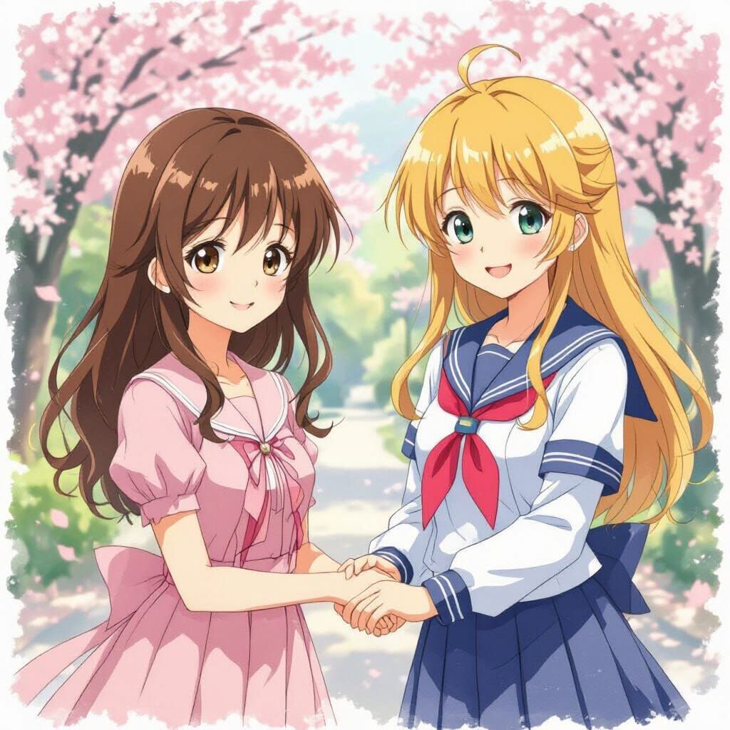 Anime Girls Holding Hands in Watercolor Style