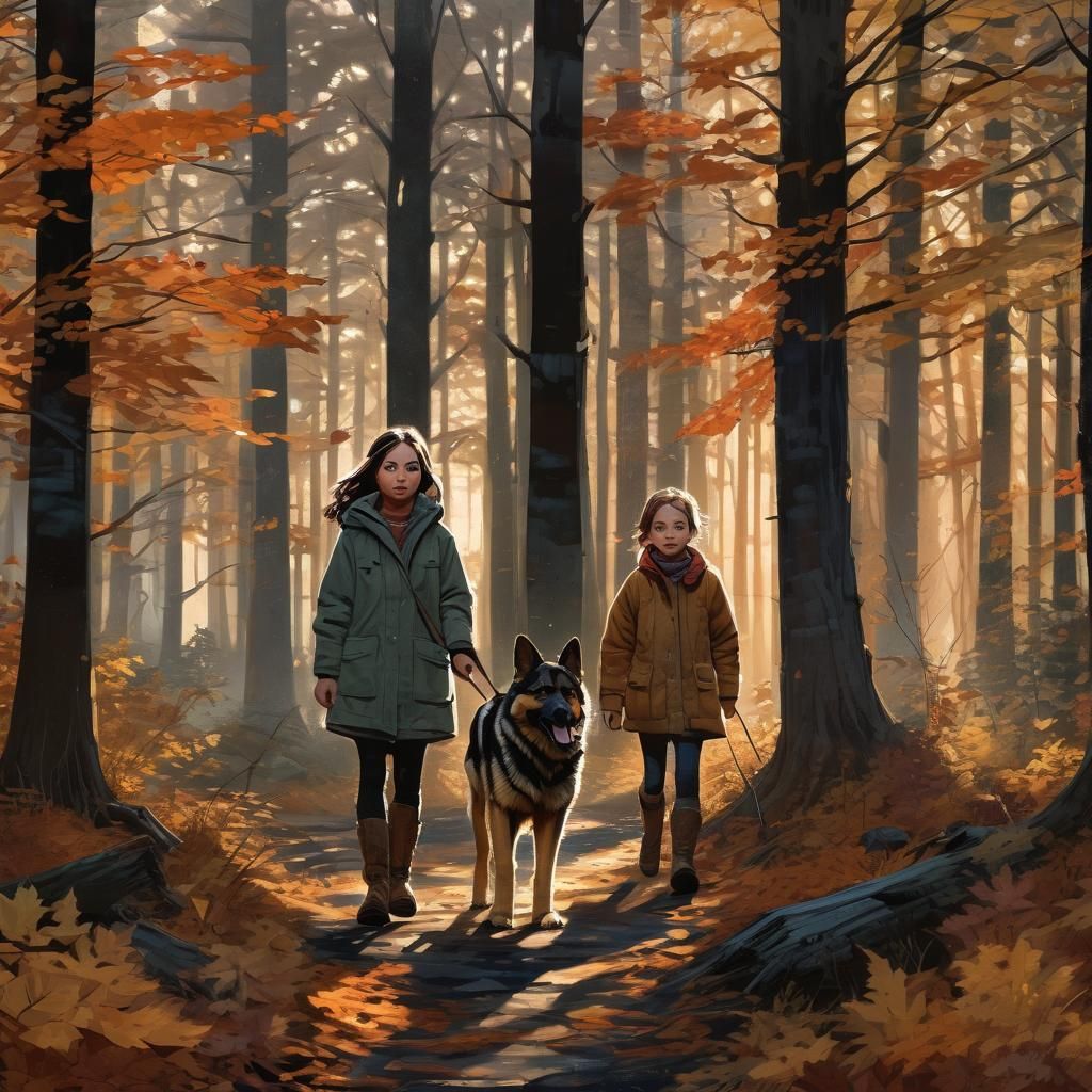 Girl and Dog in Autumn Forest Comic Art