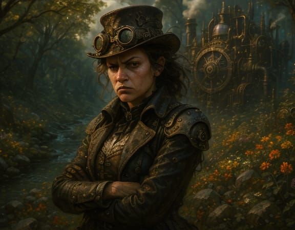 Steampunk Woman in Forest with Engine Details