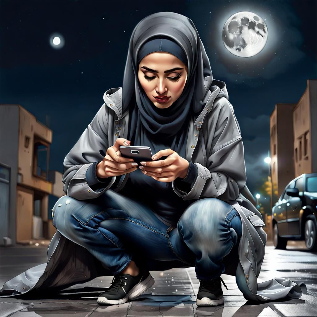 Middle Eastern Woman Picking Up Cell Phone, Airbrush Art