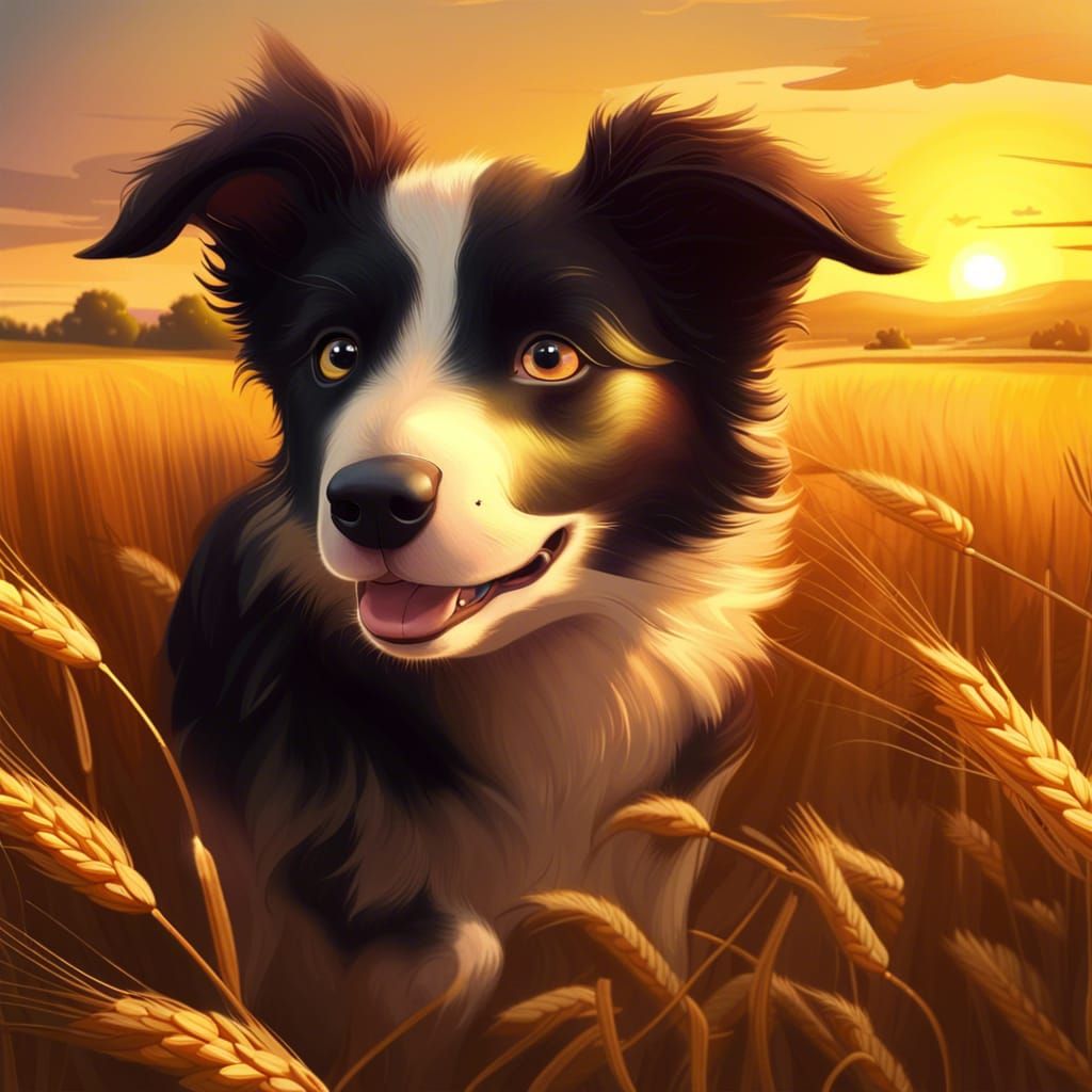 Border Collie Puppy Running in Golden Wheat Field