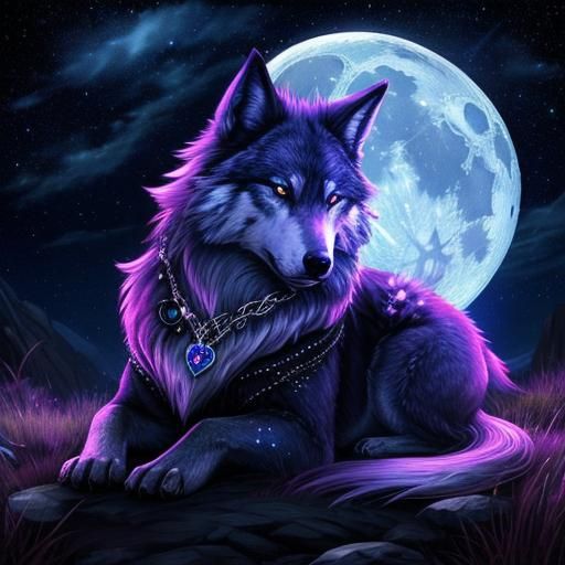 Fantasy Wolf Under Starry Sky with Heart Bracelet