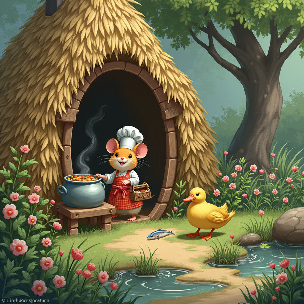 Whimsical Straw Hut Scene in Miyazaki Style