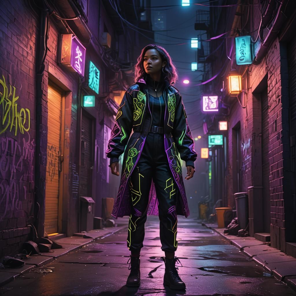 Neon Woman in Dark Alley: Cyberpunk Concept Art