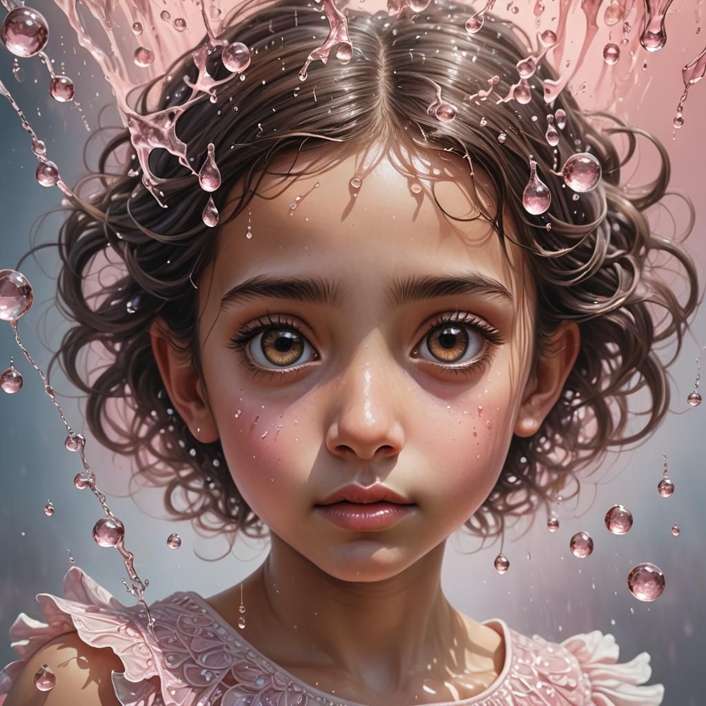 Girl Catching Fractal Water Drops in Surreal Style