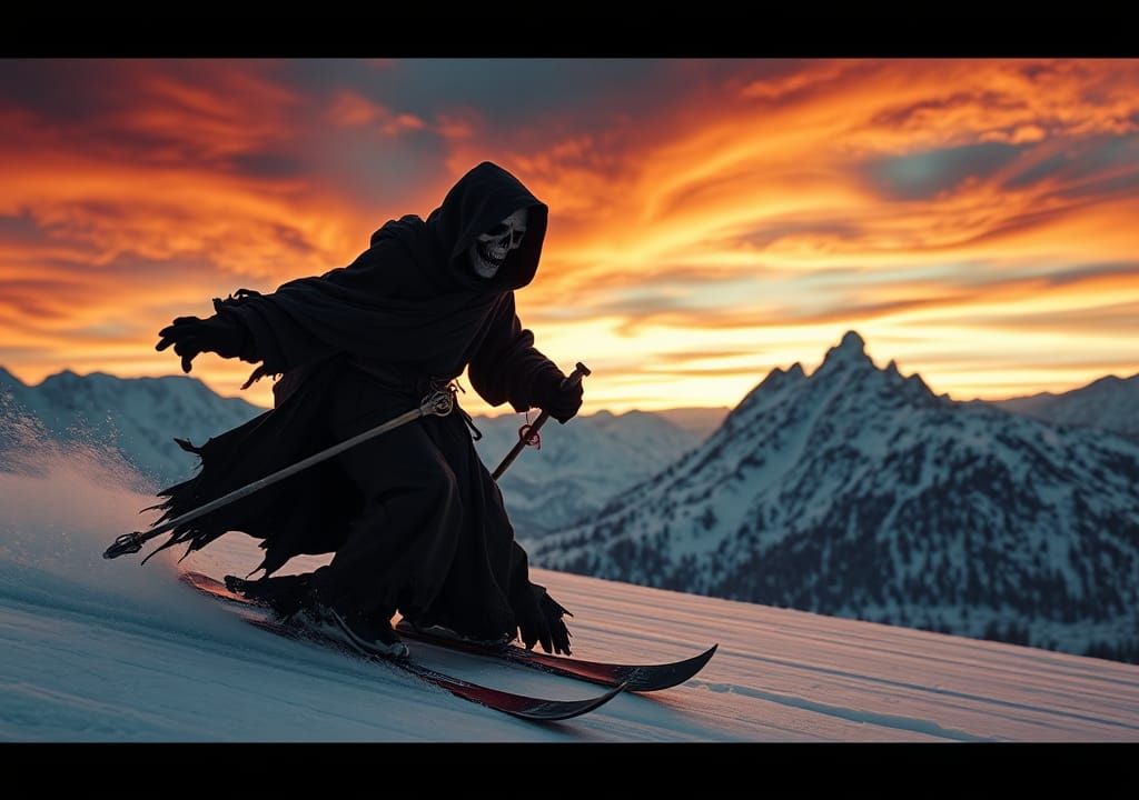 Grim reaper skiing downhill