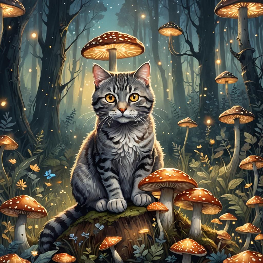 Tabby Cat in Mystical Forest Illustration