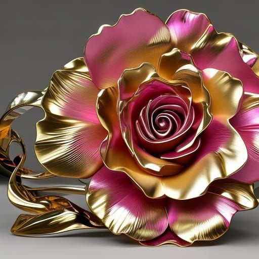 Glass Rose Sculpture in Gold and Rose