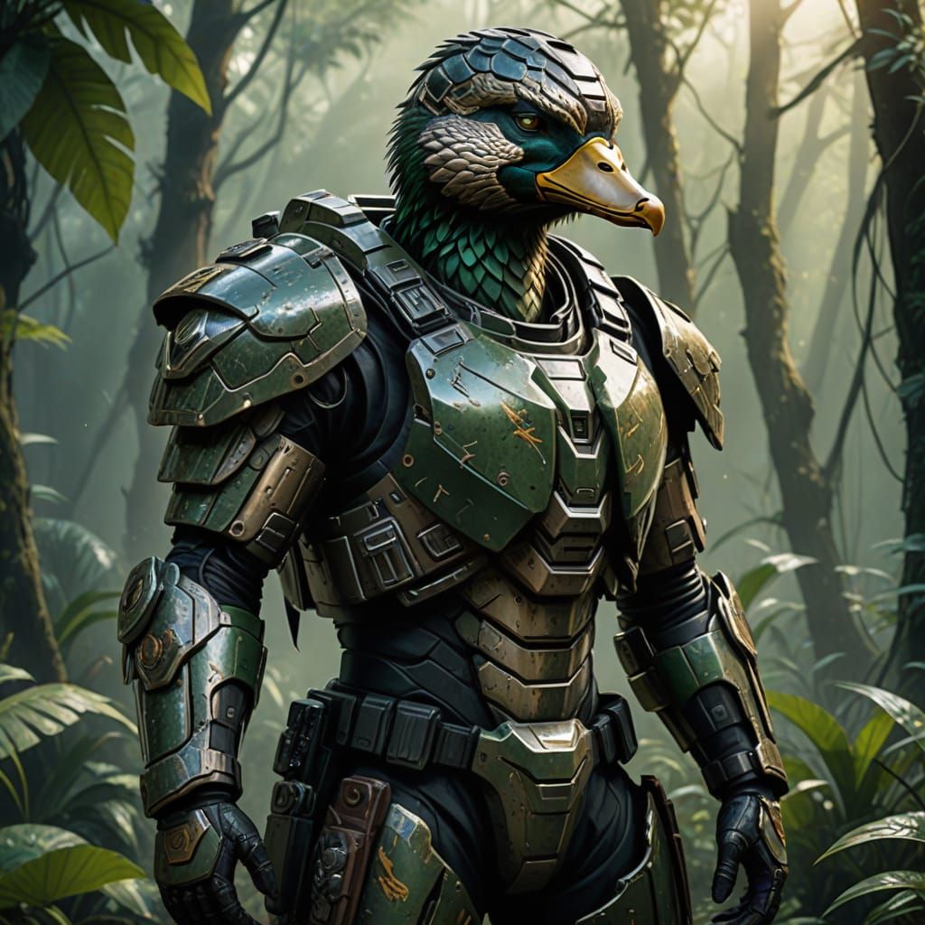 Duck Hybrid Warrior Emerges from Jungle Fog
