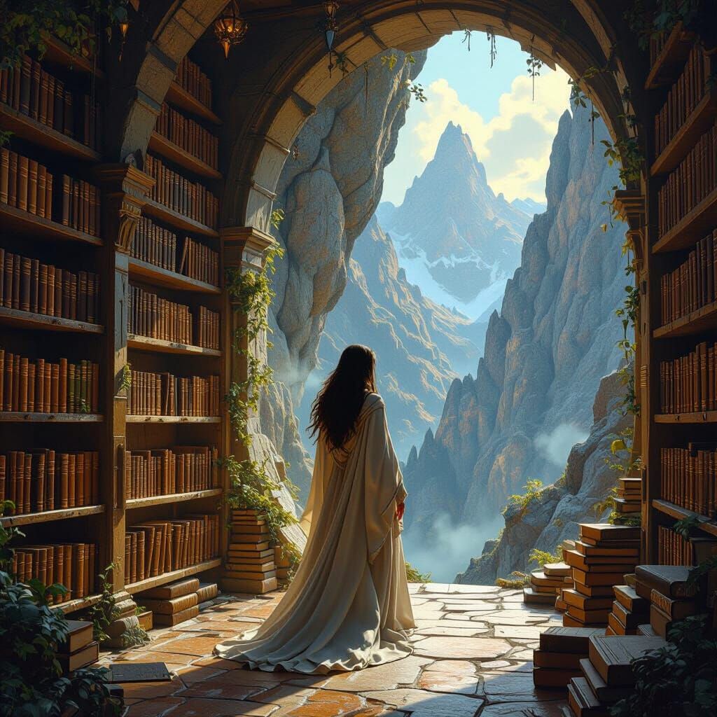 Mystical Library in Mountain, Ethereal Fantasy Art