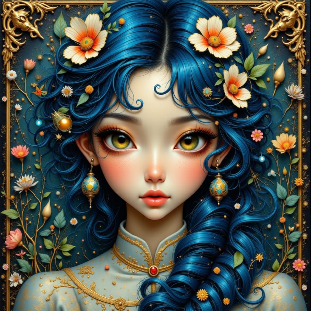 Hmong Girl with Blue Hair in Art Nouveau Style