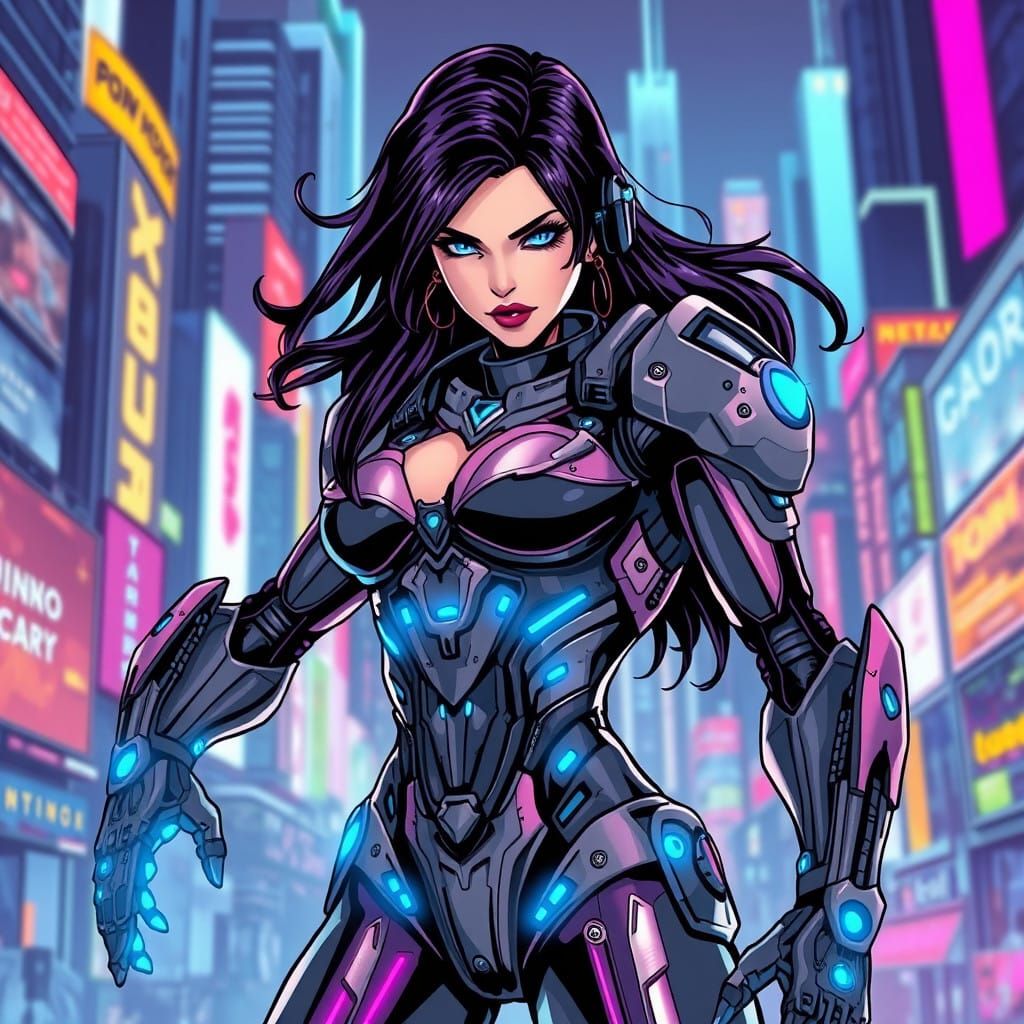 Cyberpunk Mecha Warrior Maiden in Neon Cityscape