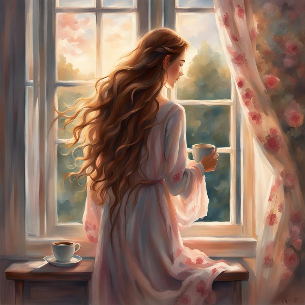 Serene Woman with Coffee in Sunlit Bedroom