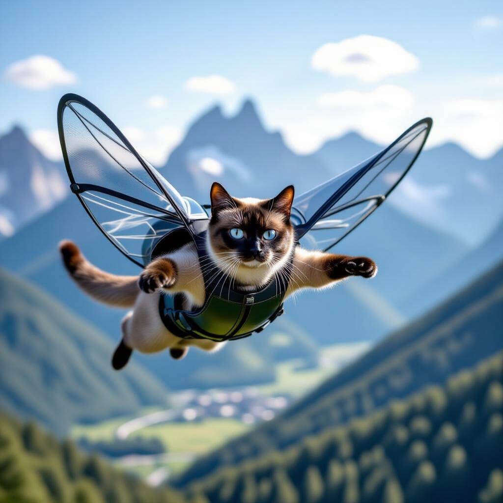 Siamese Cat Soars in Transparent Wingsuit