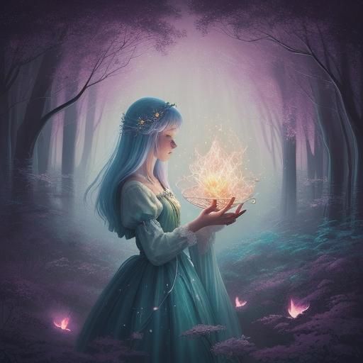 Magical Girl in Misty Woods: Pastel Oil Painting