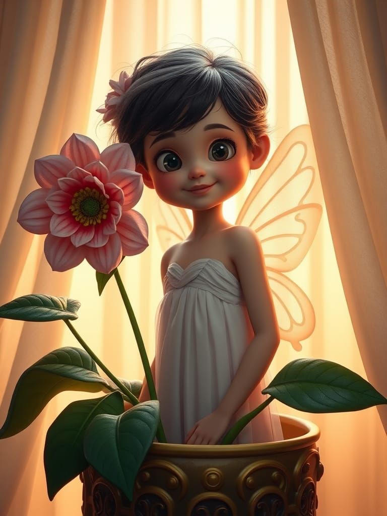 Pixar-Style Fairy Girl Behind Oversized Flower