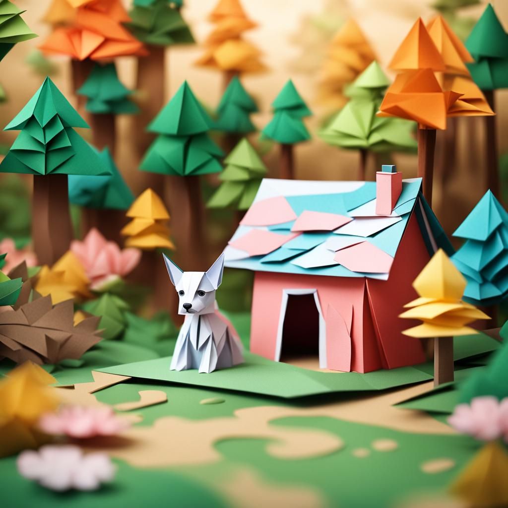 Origami Cottage and Puppy Papercraft in Forest