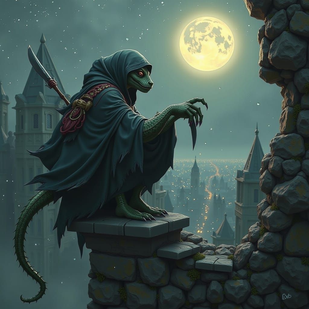 Dark Fantasy Assassin in Moonlit Cityscape