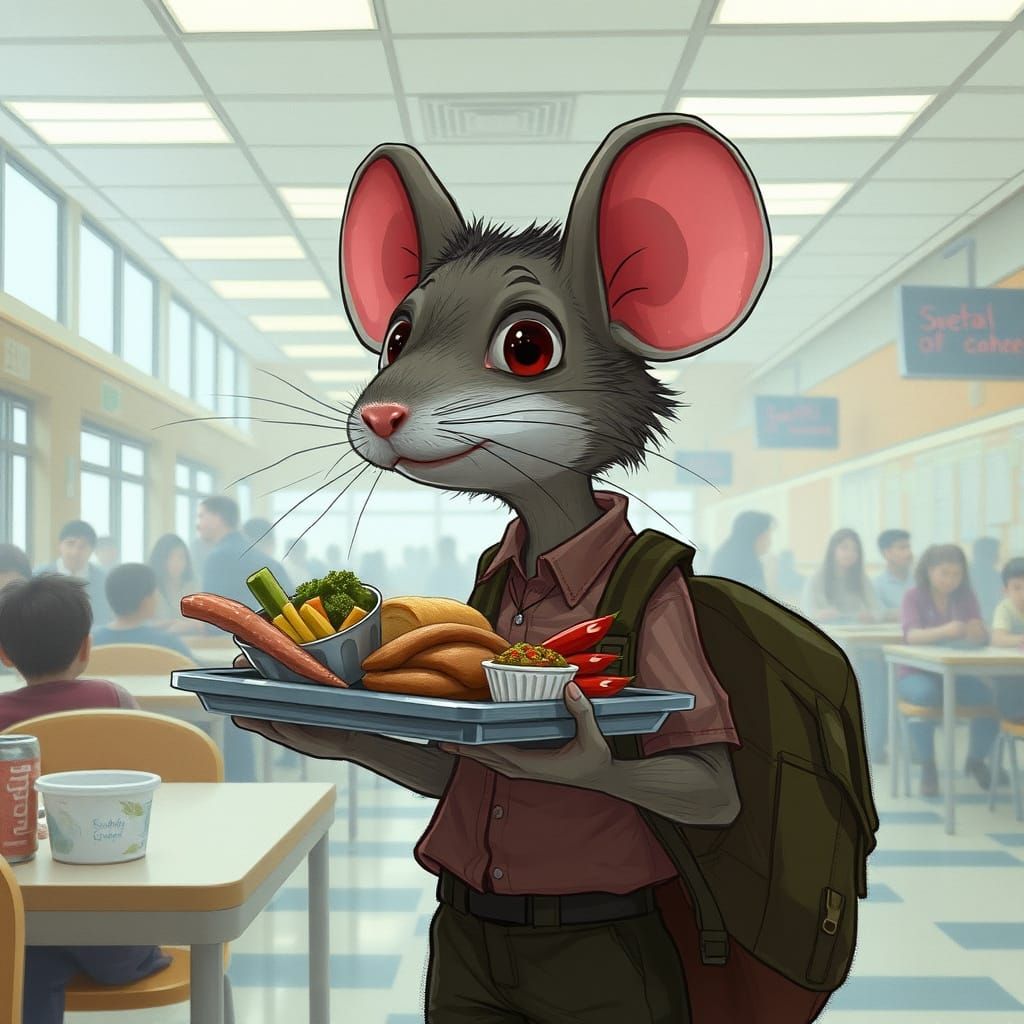 Mouse Student Seeks Table in Bustling Cafeteria