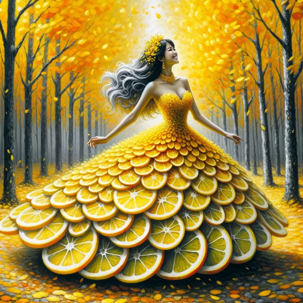 Lemon Princess in Autumn Forest, Neo-Impressionistic Style