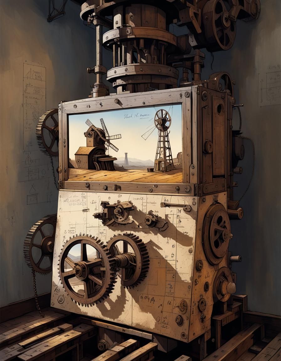 Steampunk Mill with Equations in Hyper-Realism