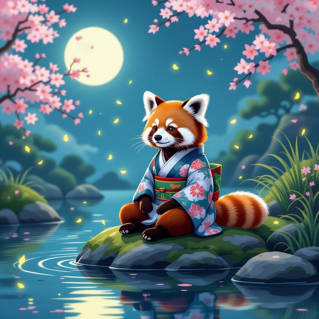 Serene Red Panda in Kimono by Moonlit Pond