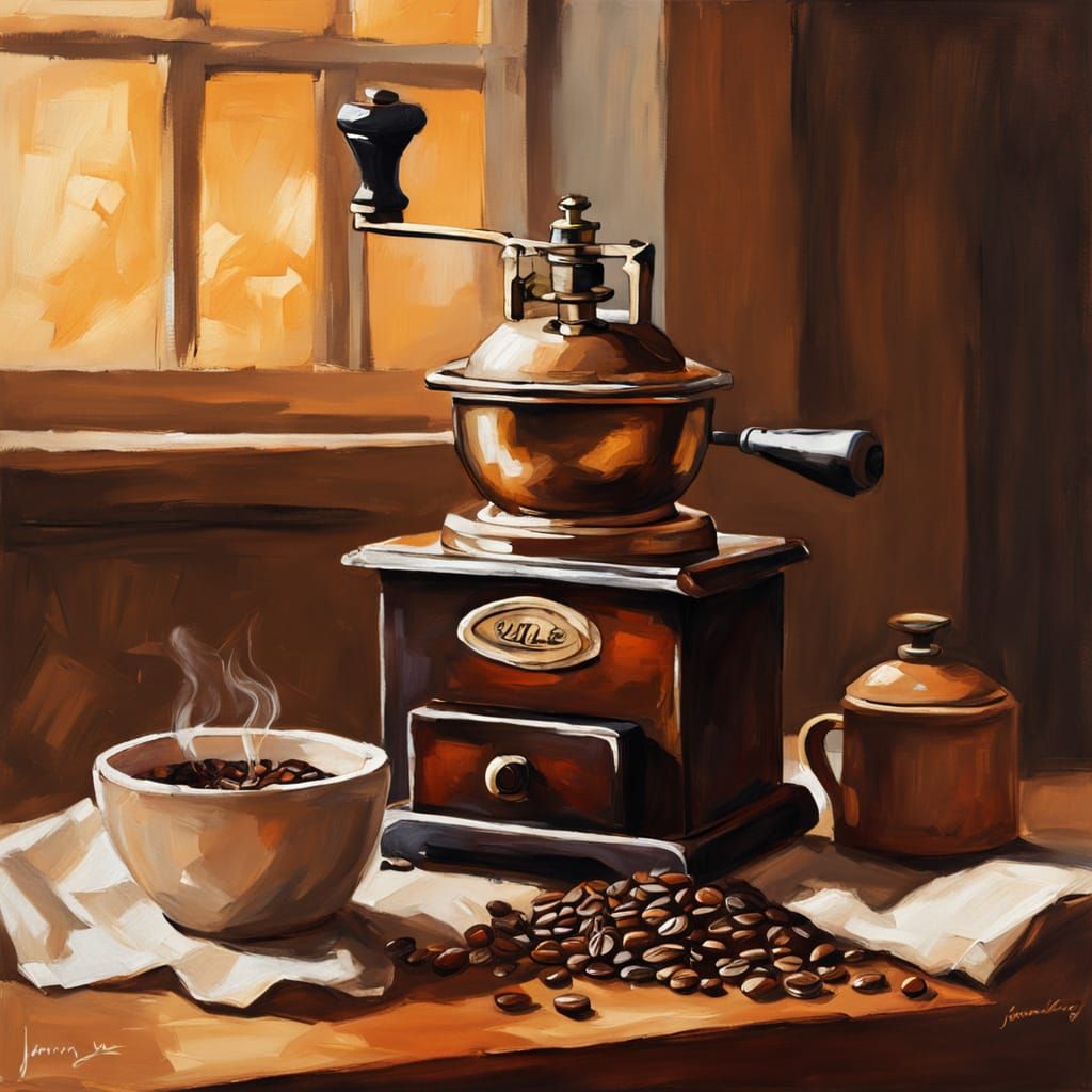 Antique Coffee Still Life in Impressionist Oil Painting
