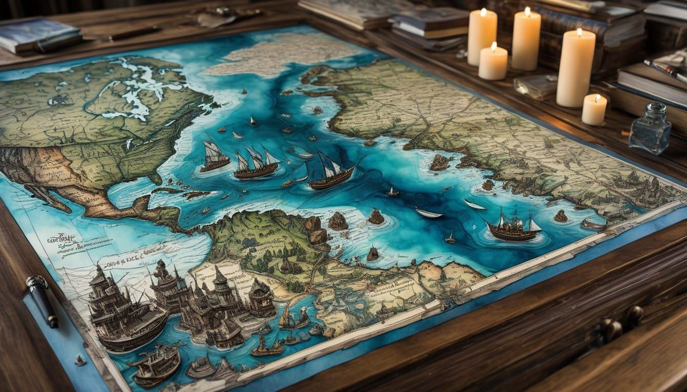Antique Map Masterpiece on Gritty Wooden Desk