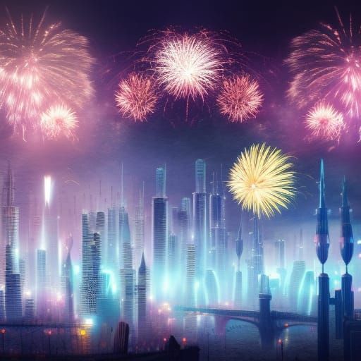 Futuristic City Fireworks: Epic Digital Matte Painting