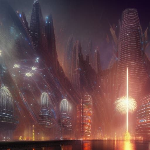 Fireworks in Futuristic City: A Digital Matte Painting