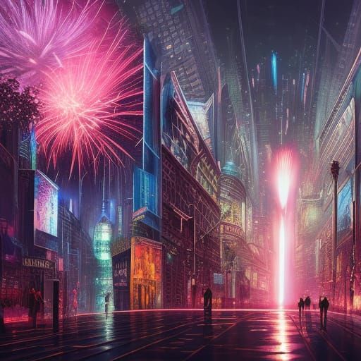 Futuristic City Fireworks: Digital Matte Painting