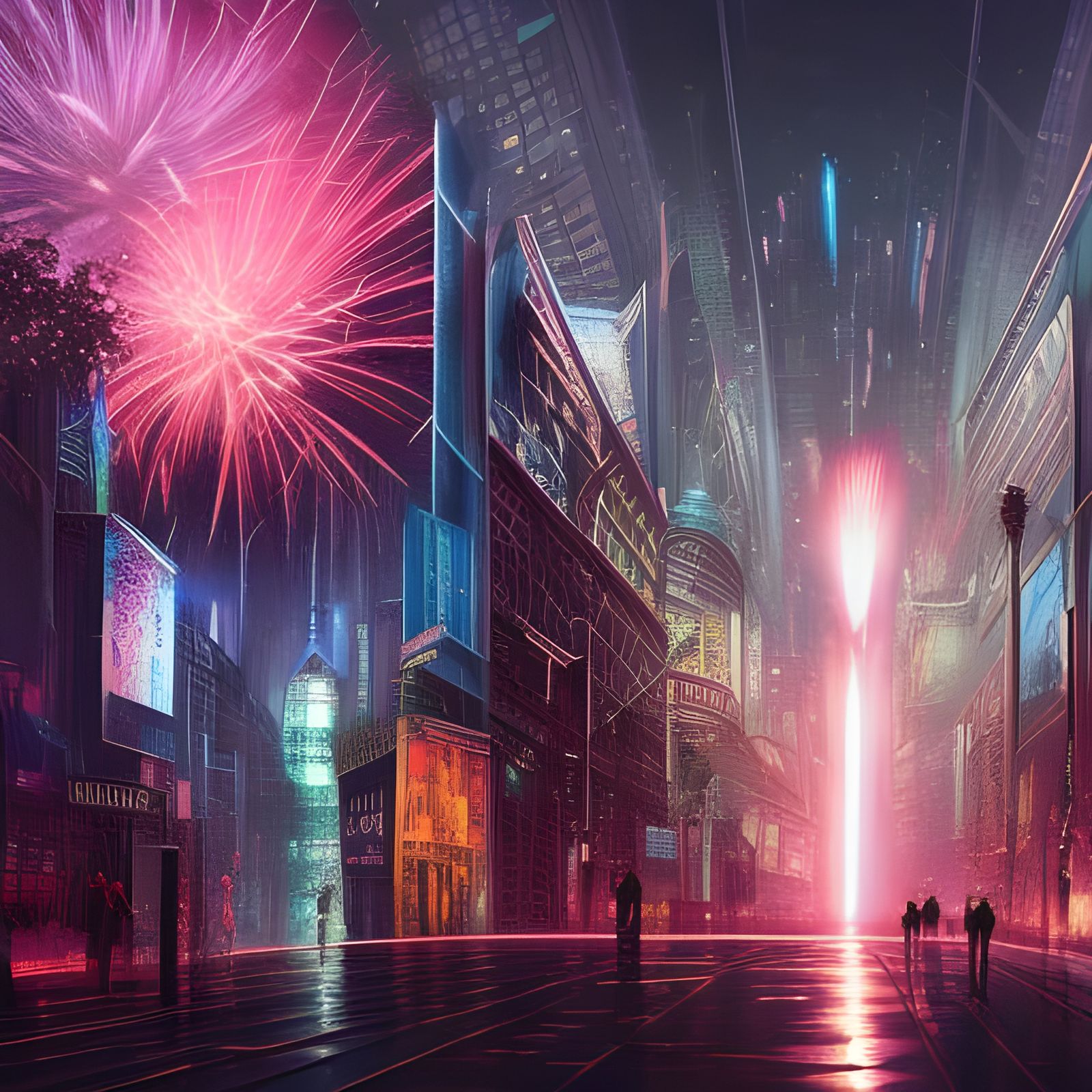 Futuristic City Fireworks: Digital Matte Painting