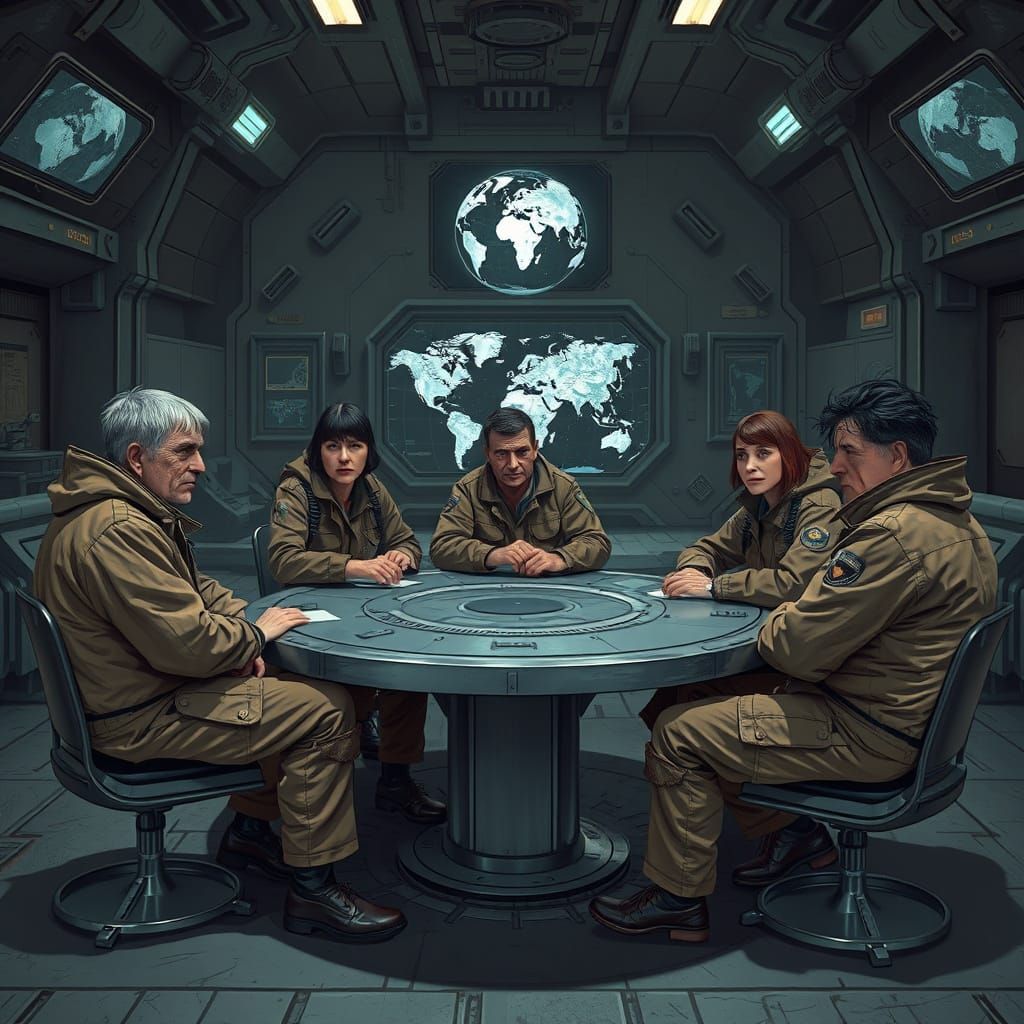 Dystopian Council in Underground Compound Hall