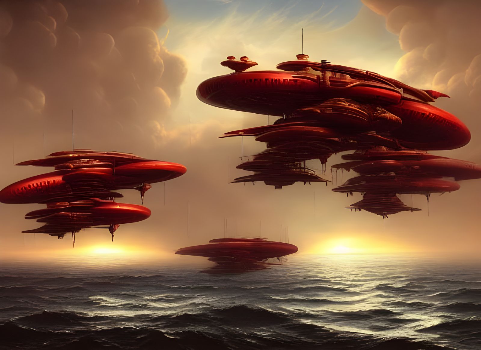 Red Steampunk Spaceships Battle Over the Sea