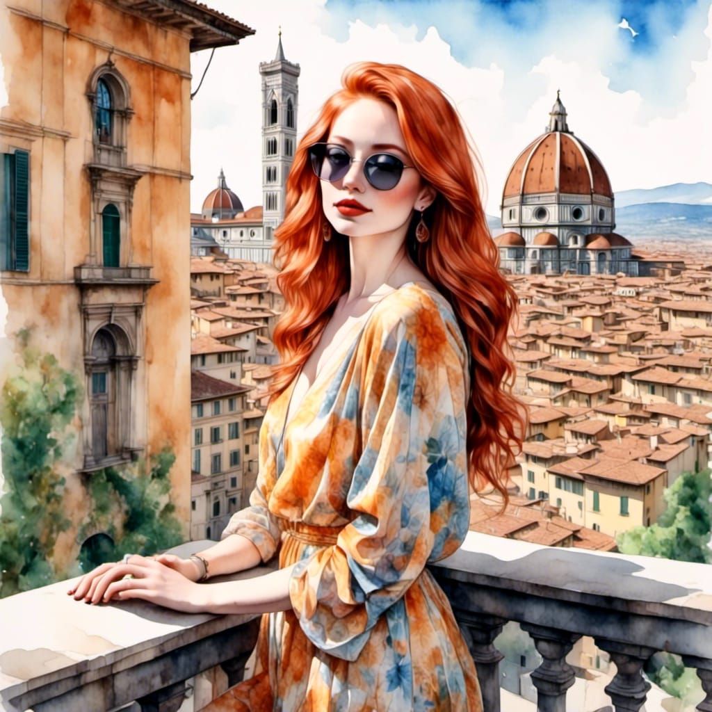 Ginger Woman Posing in Sunny Florence, Watercolor Art