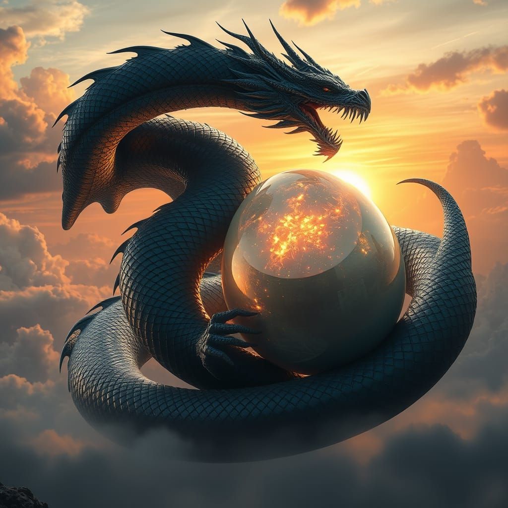 Obsidian Dragon Coils Around Celestial Humpty Dumpty