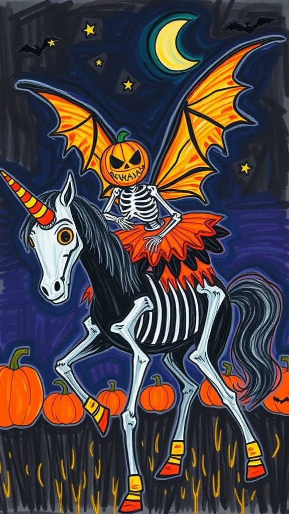Halloween Fairy Skeleton Rides Unicorn: Whimsical Crayon Art