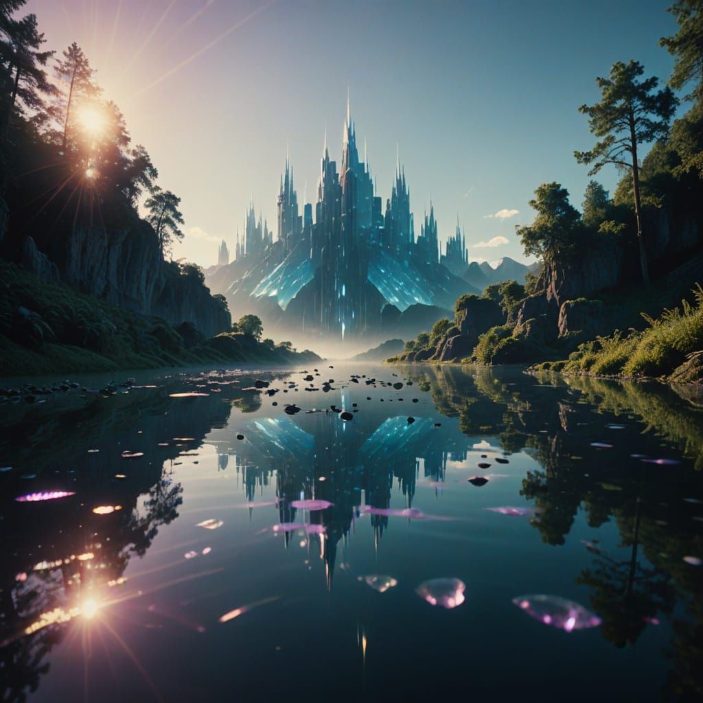 Crystal City Shines on Serene Water in Cinematic Film Style