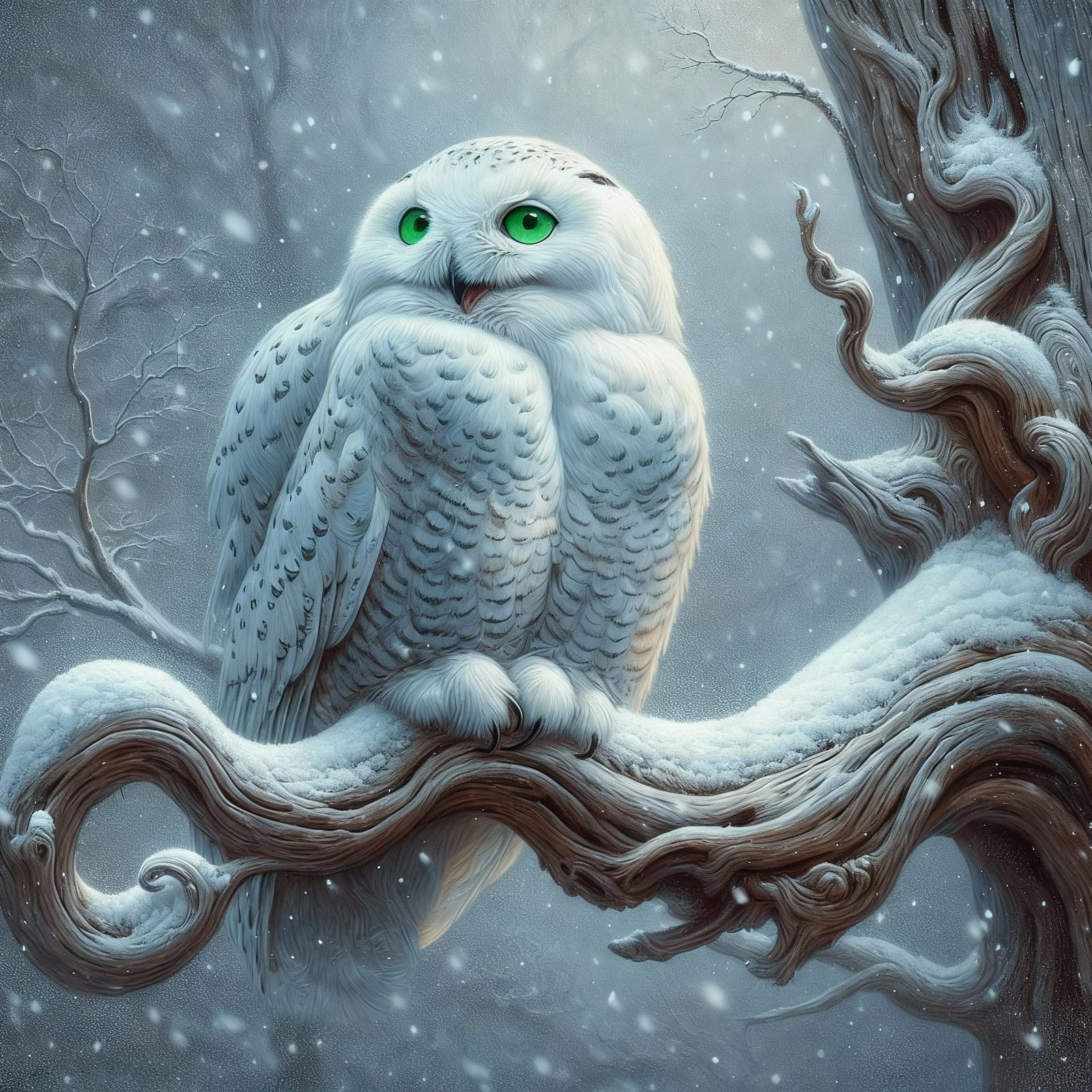 Majestic Snowy Owl in Serene Snowfall, Oil Painting Style