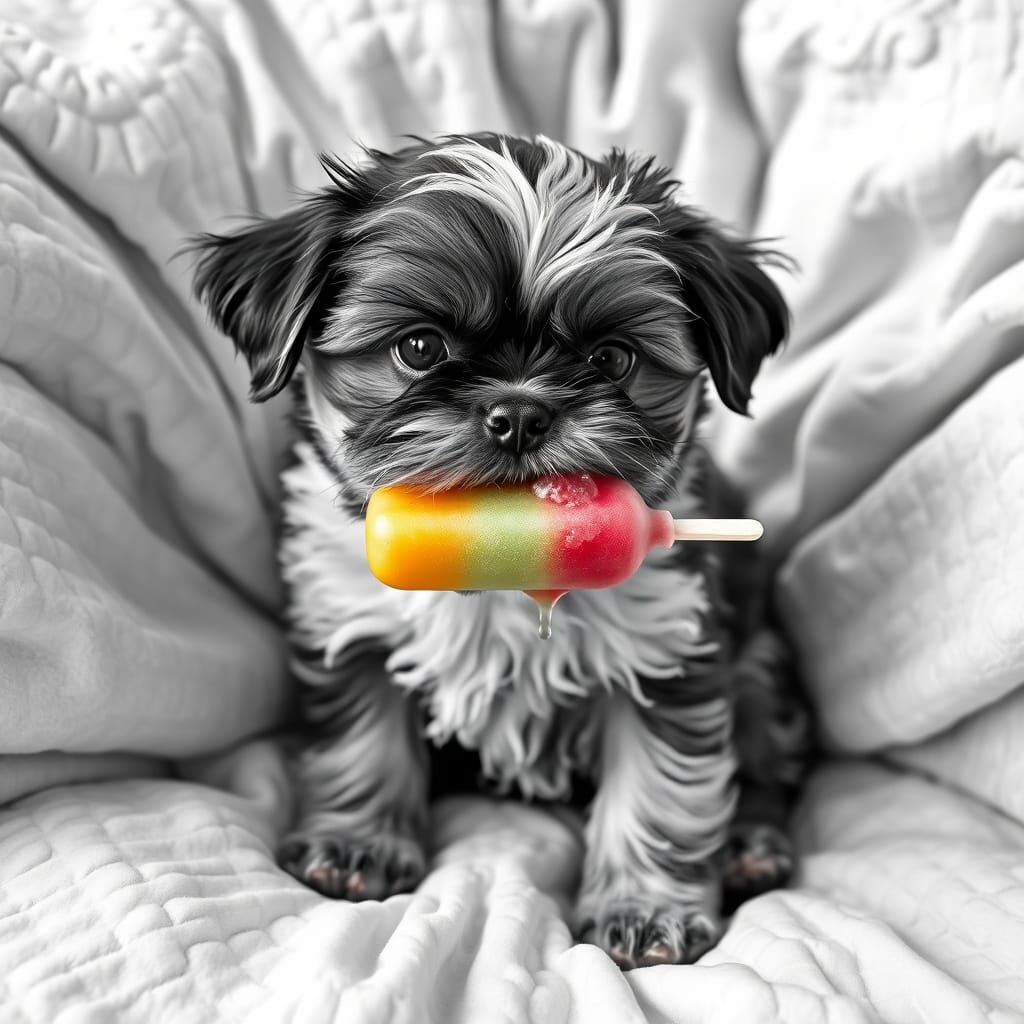 Hyper-Realistic Shih Tzu Puppy on Plush Bed Enjoying Popsicl...