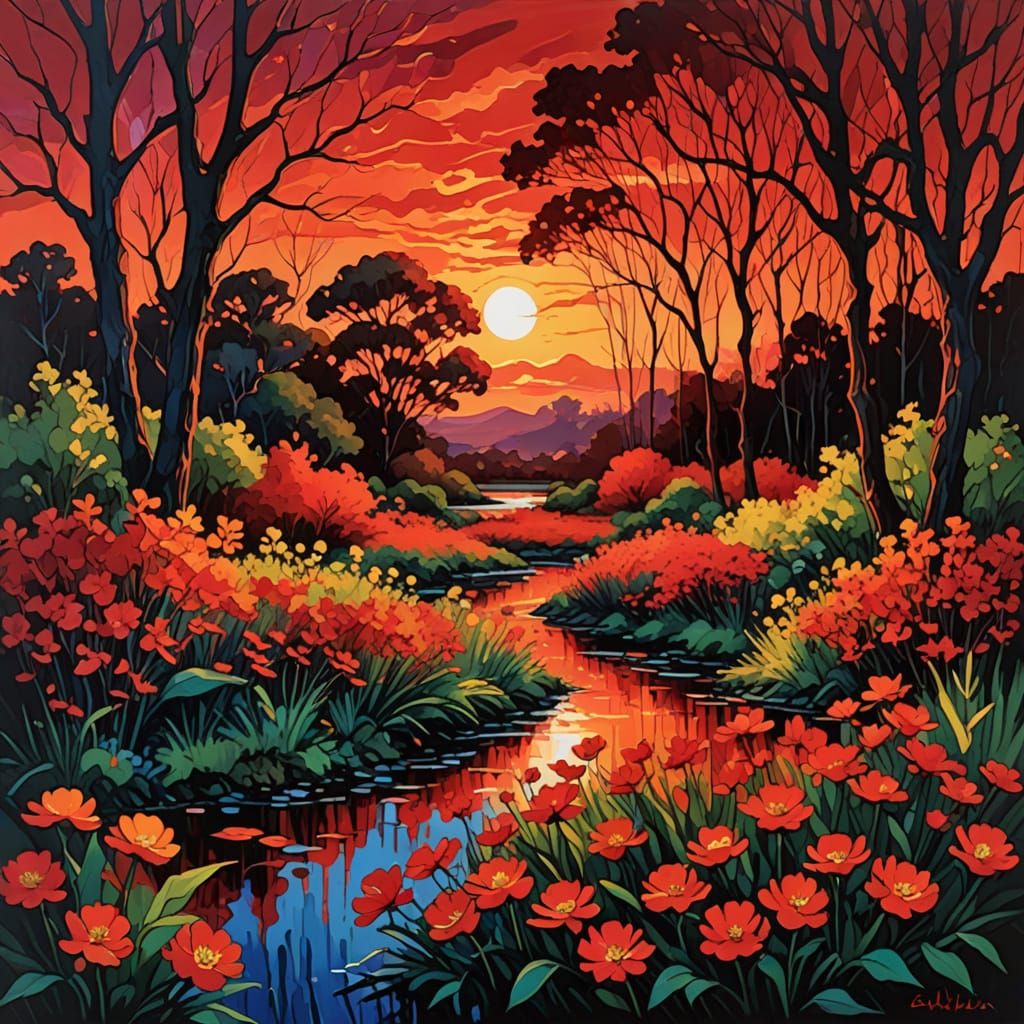 Vibrant Sunset Landscape in Abstract Style