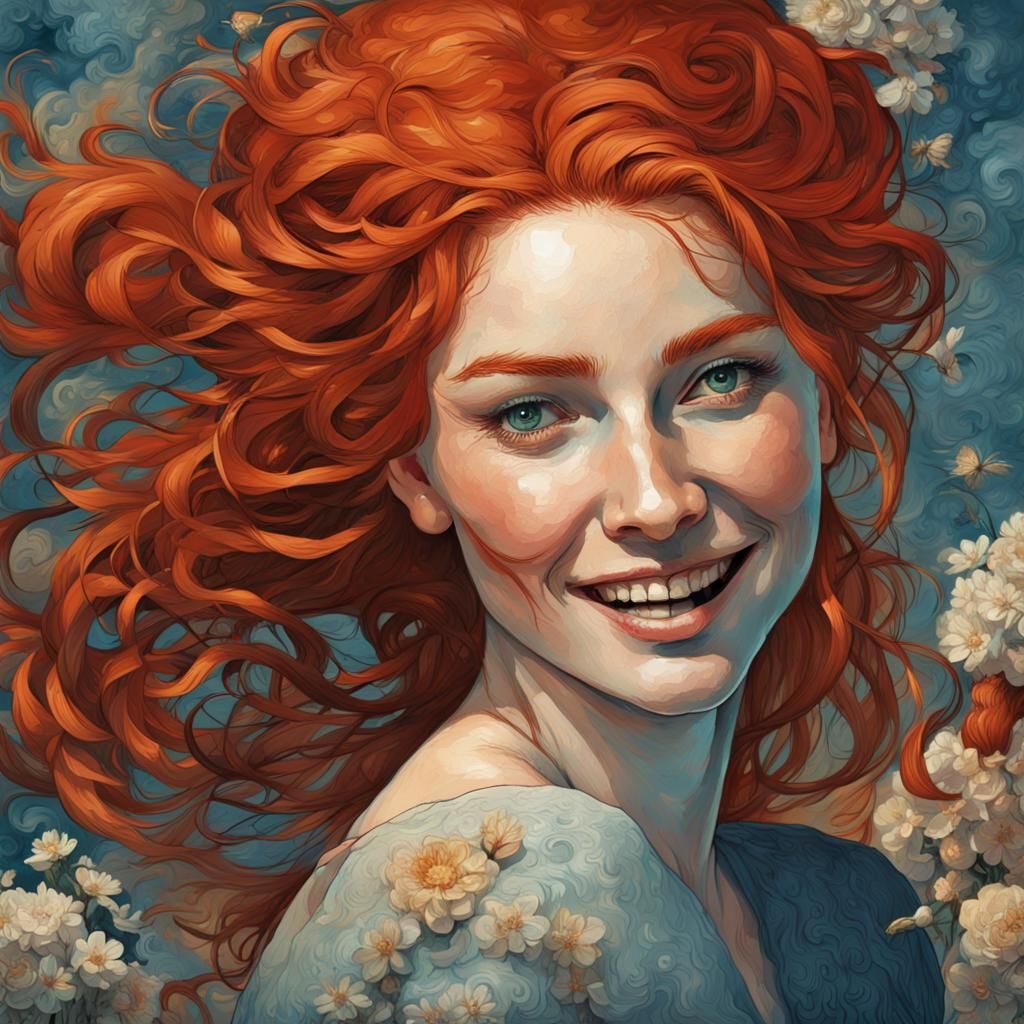 Joyful Redhead in Hypermaximalist Fantasy Illustration