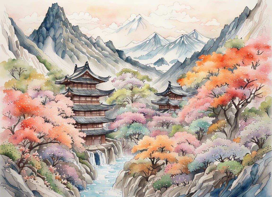 Four Seasons in Japanese Mountains: Watercolor Anime Art